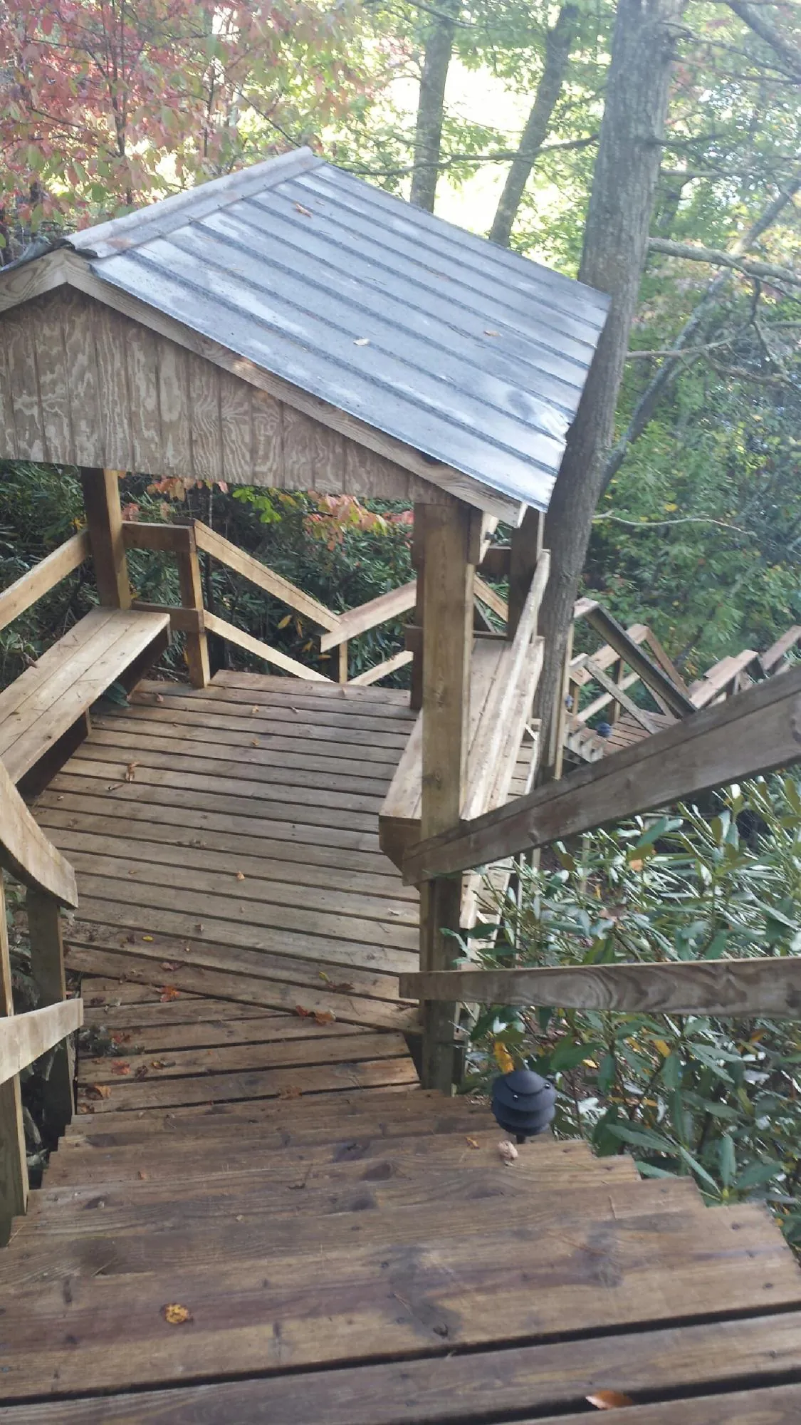 Metal roofed shelter over wooden steps on a wooded walkway — Skylight Repair & Installation work by our crew in Hurst